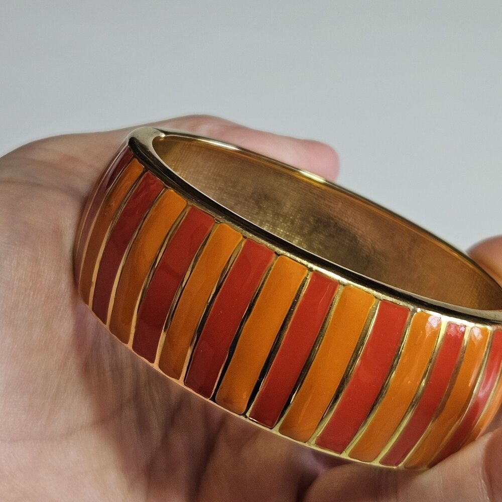 Banana Republic Orange Enamel And Gold Tone Hinged  Bangle Bracelet 6.5" - Picture 3 of 12